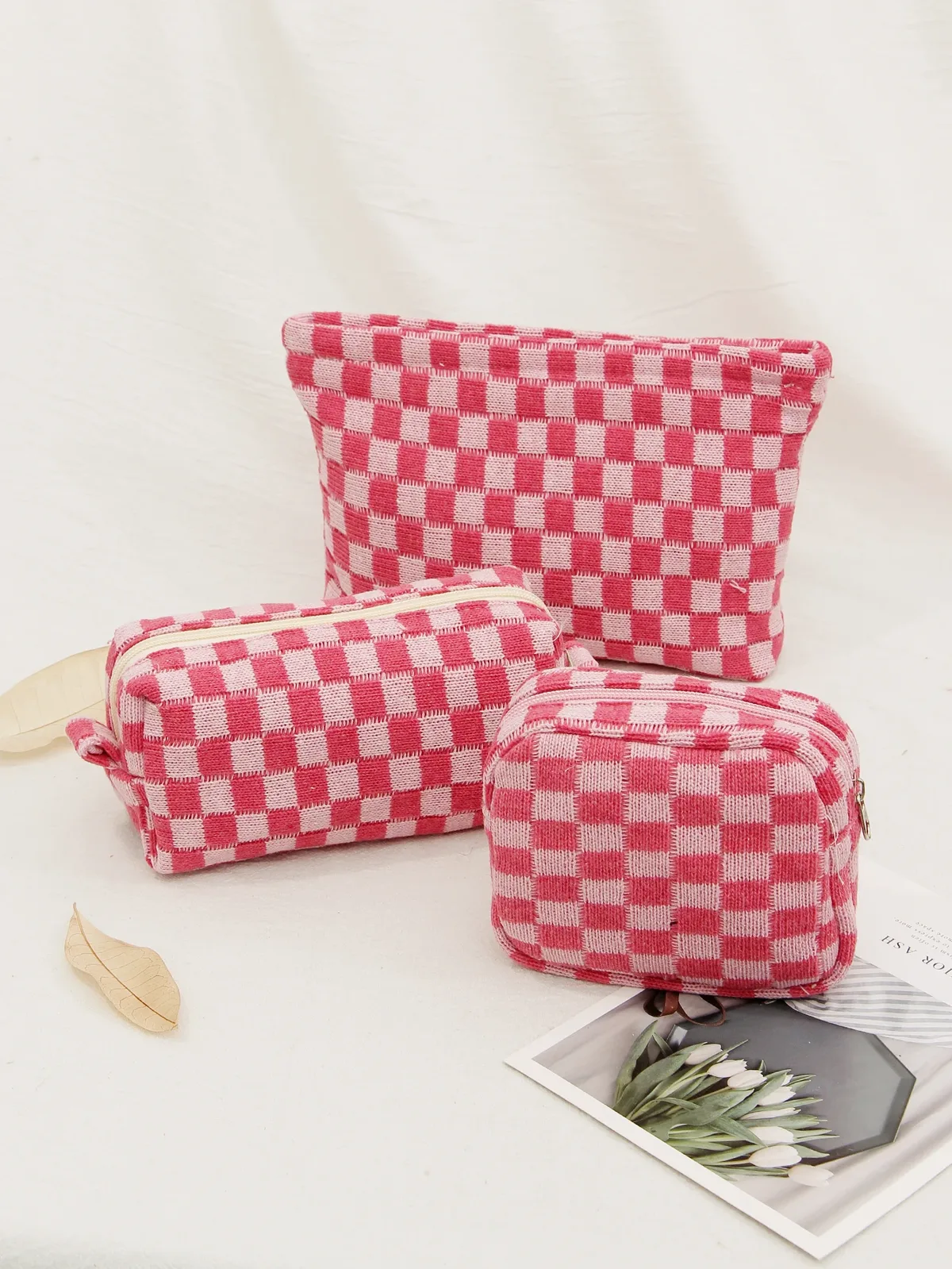 sac à cosmétiques en damier, sac de rangement de toilette tricoté, pochette de maquillage colorée, organisateur, sac à cosmétiques à motif à carreaux