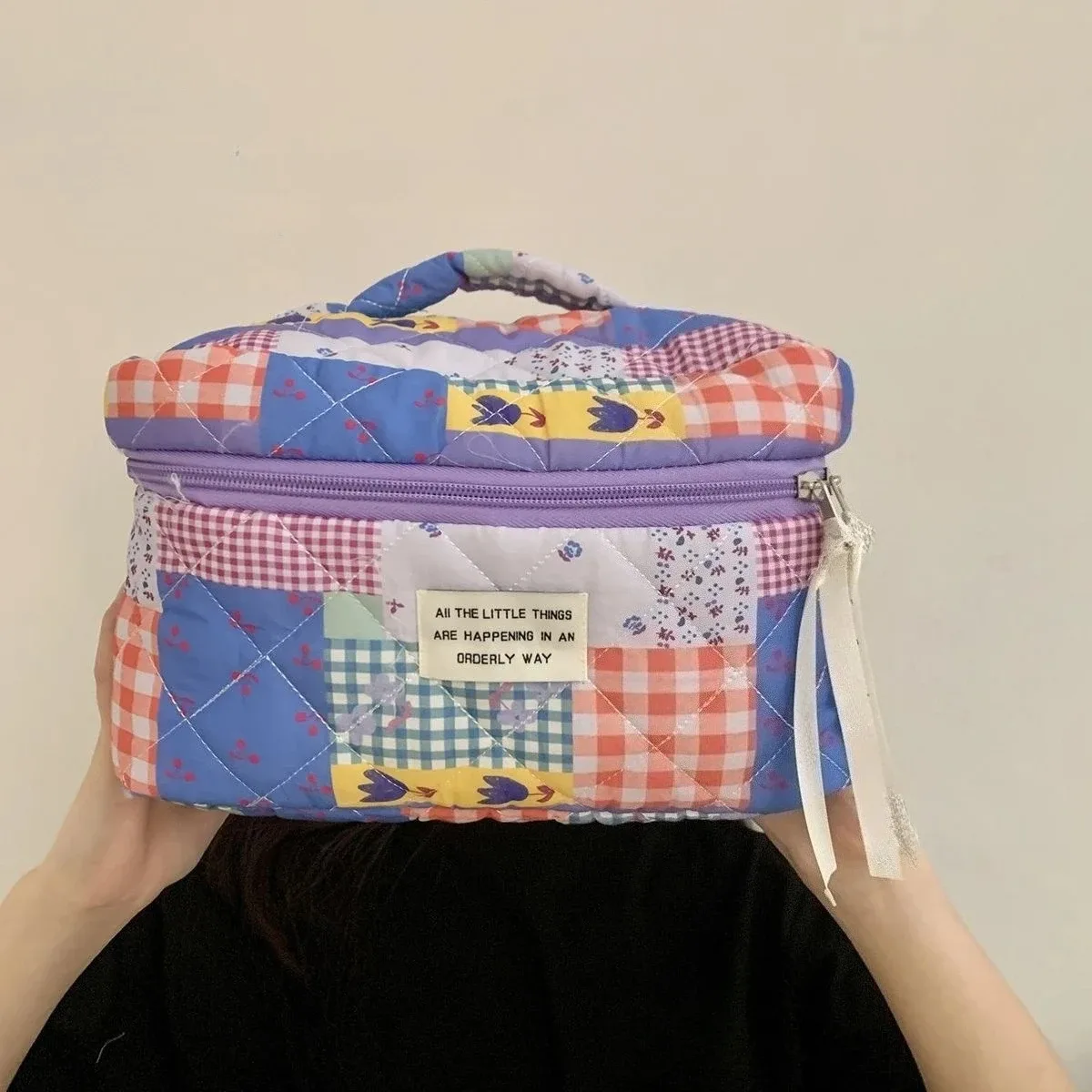 Sacs à cosmétiques rétro à fleurs pour femmes, sac de rangement Portable de voyage de grande capacité, trousse de maquillage à carreaux floraux pour filles