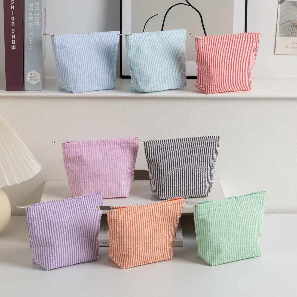 petits sacs à cosmétiques à la mode, sacs de rangement à rayures verticales pour femmes, sacs de maquillage avec fermeture éclair, sac de rangement de voyage portable
