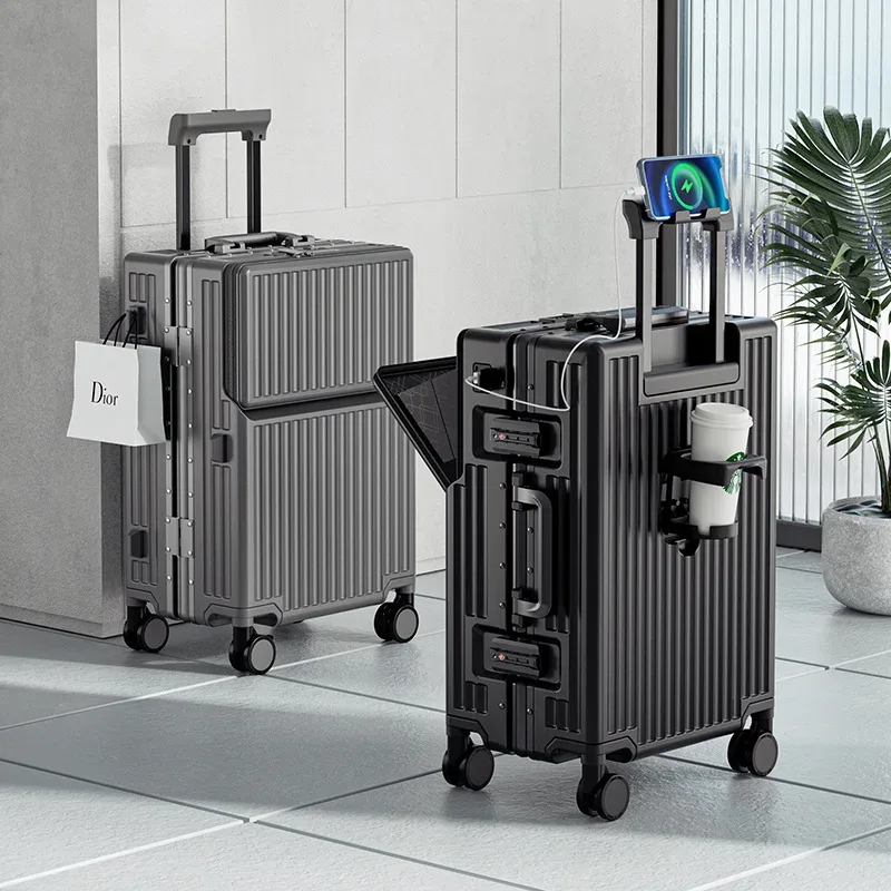 valise à ouverture frontale en matériau pc avec cadre en aluminium, serrure tsa, porte-gobelet, port de charge, bagage à roulettes de voyage 20/24/28/30 pouces