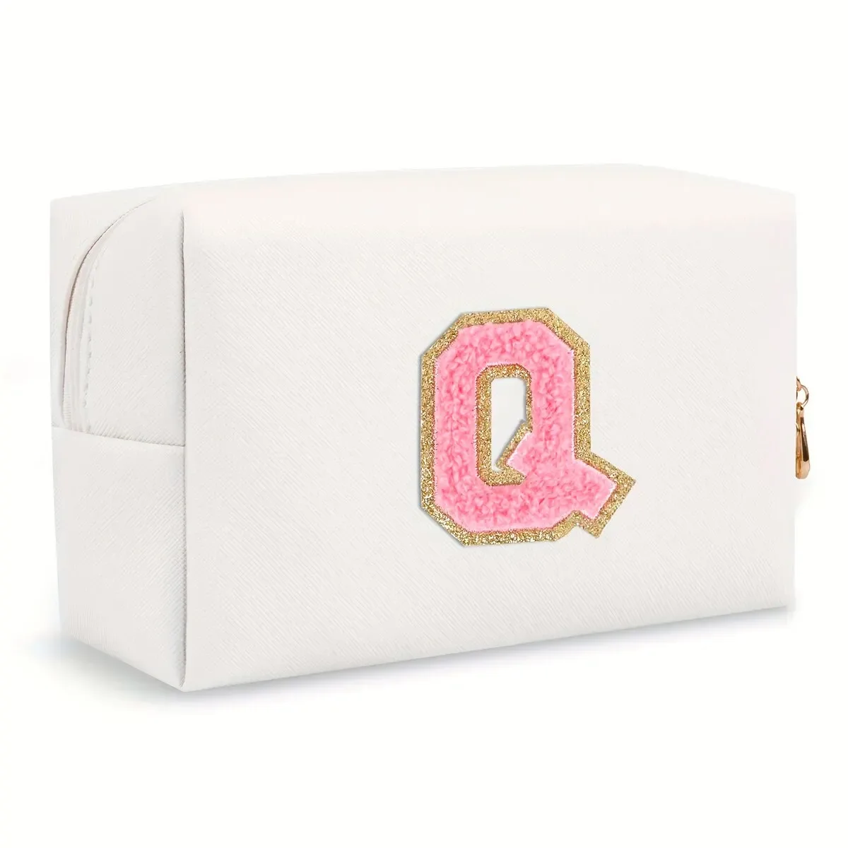 trousse de maquillage preppy pour femmes, trousse de toilette de voyage, sac à cosmétiques avec lettres en chenille, pochette étanche en cuir pu, joli organisateur à fermeture éclair-ll