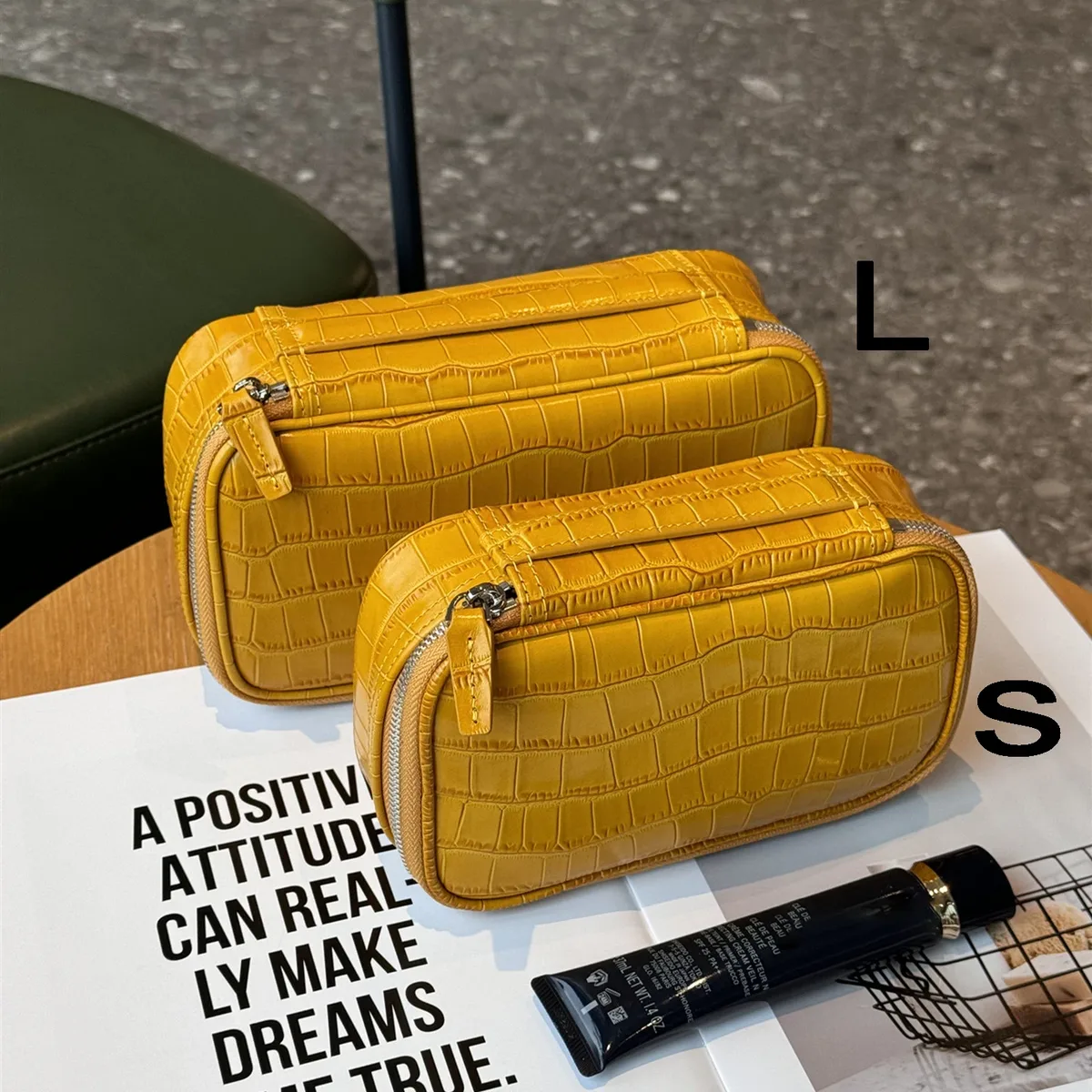 sac à cosmétiques portable en cuir de vachette véritable à motif crocodile, nouveau sac de toilette de voyage en cuir véritable, sac à maquillage pour femmes