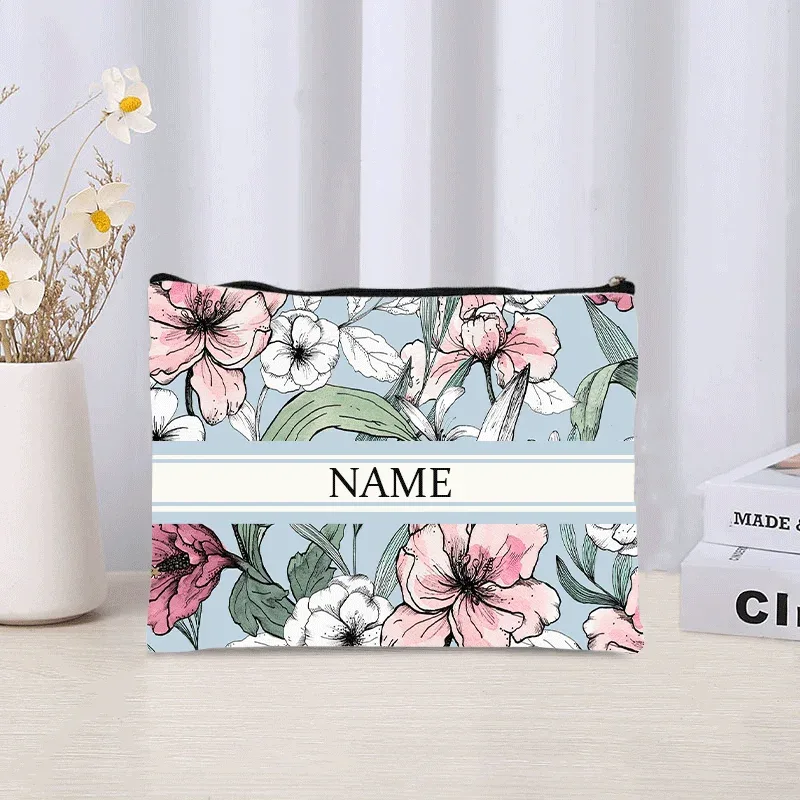 pochette de maquillage personnalisée de luxe avec nom floral, pochette de maquillage personnalisée, organisateur de rouge à lèvres de voyage, pochette de maquillage tendance, sac à main en toile