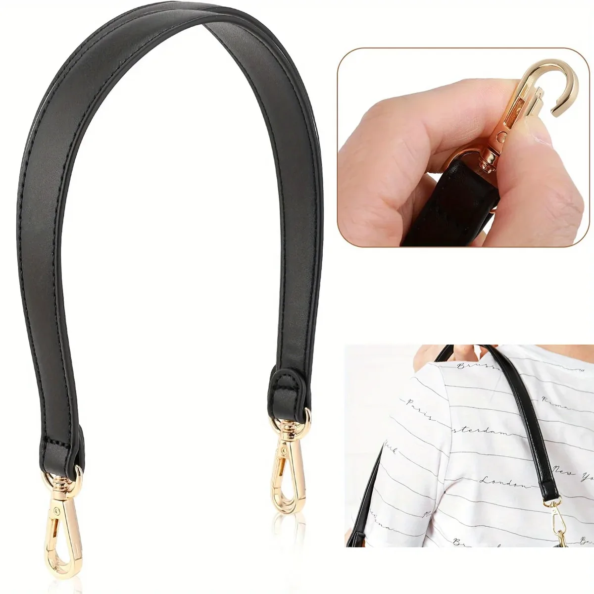 Sangle de sac à bandoulière en cuir noir, poignée de sac à main en cuir de 19 pouces, sangles de remplacement avec fermoirs pivotants