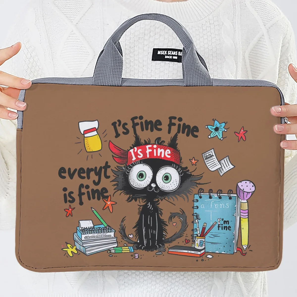 ensemble unique, deux styles, sacoche pour ordinateur portable et porte-documents à motif de chat noir, adapté aux ordinateurs portables de 14 pouces.