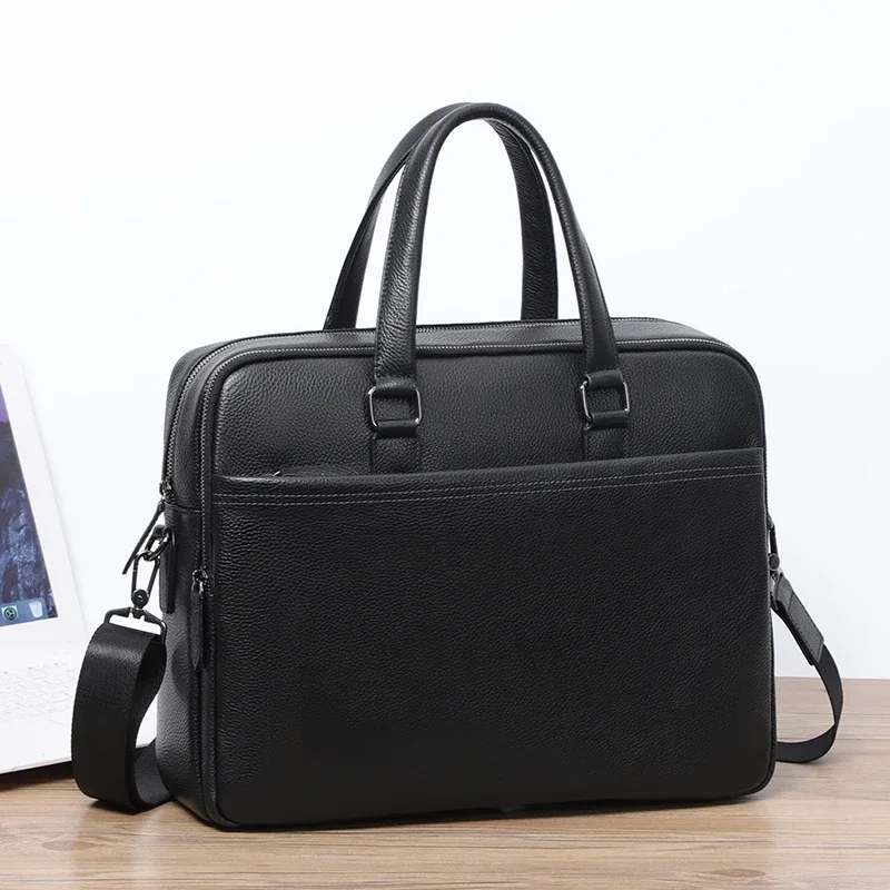 double fermeture éclair hommes sacs en cuir véritable hommes porte-documents sac d'affaires en cuir pochette d'ordinateur épaule mode bureau mâle sac à main grand
