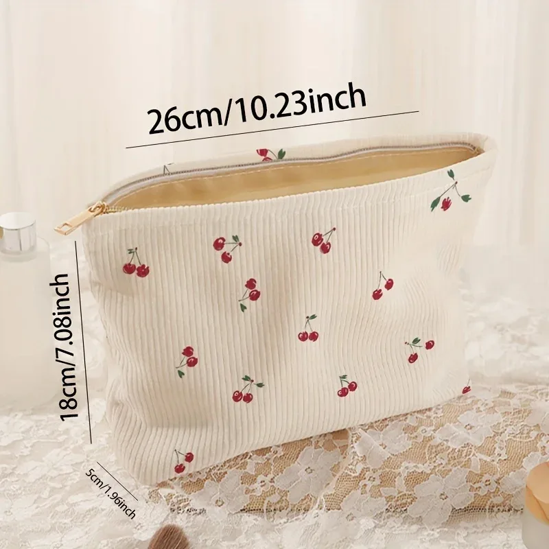 trousse de maquillage en velours côtelé imprimé cerises, boîte de rangement légère à fermeture éclair, sac multifonctionnel avec doublure