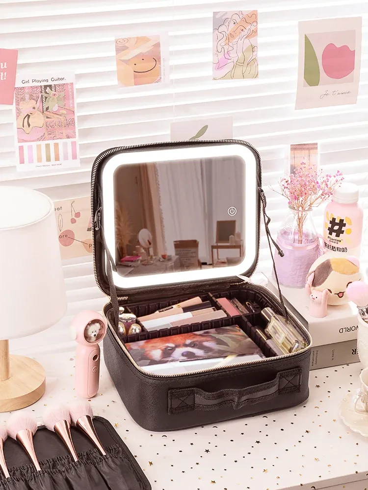 miroir de mallette de train 3 couleurs, trousse de maquillage portable blanche, organisateur étanche avec séparateurs réglables, mallette de rangement de cosmétiques, cadeau