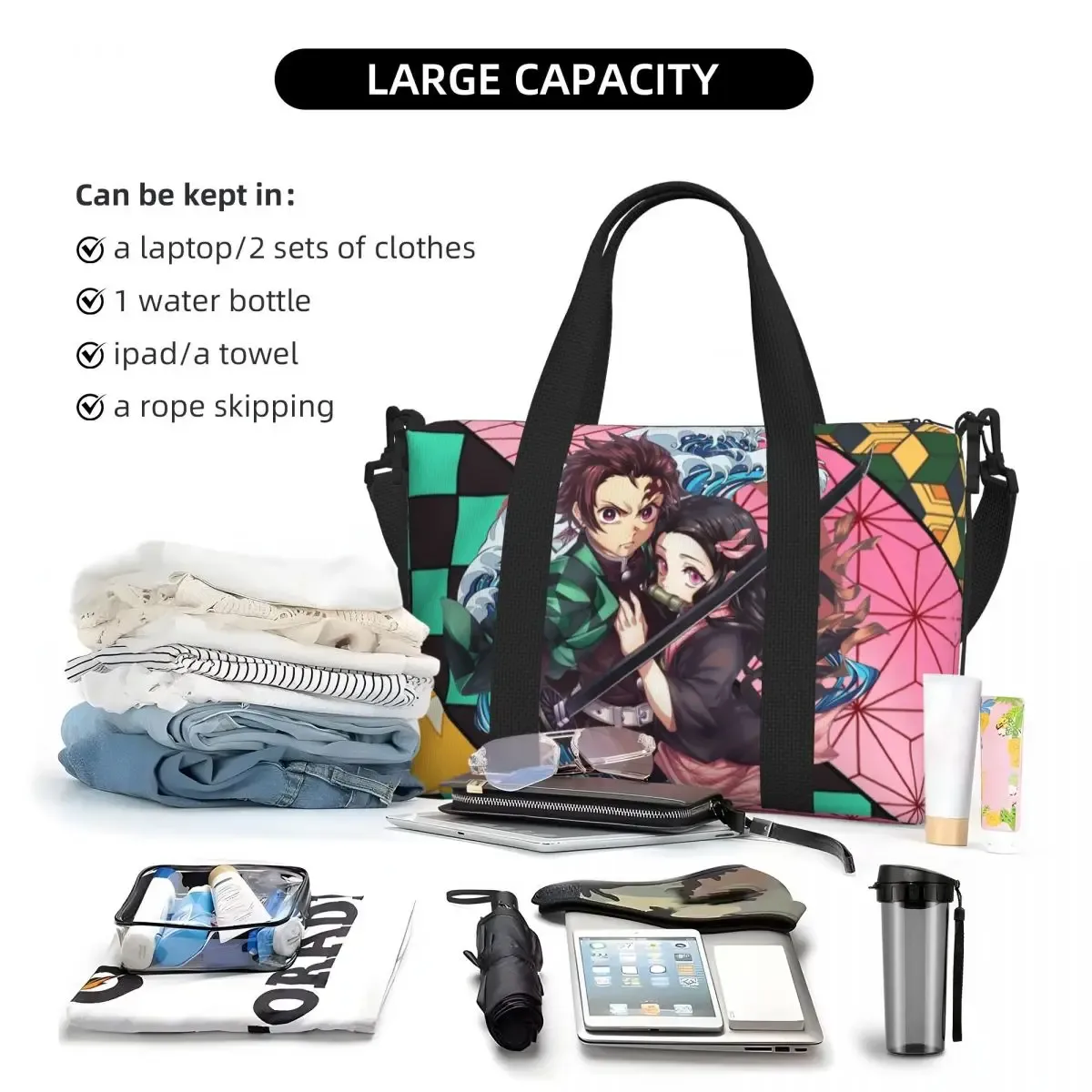 sac fourre-tout de plage personnalisé demons slayers anime manga pour femmes, tanjiro kamado nezuko, grand compartiment, sacs de voyage de plage de gym