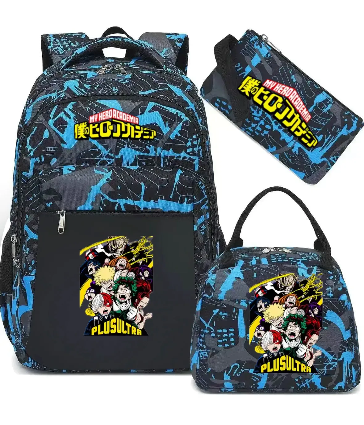 ensemble de sac à dos scolaire my hero academia anime pour filles, sac à dos léger et décontracté pour étudiantes avec sac à lunch et trousse à crayons