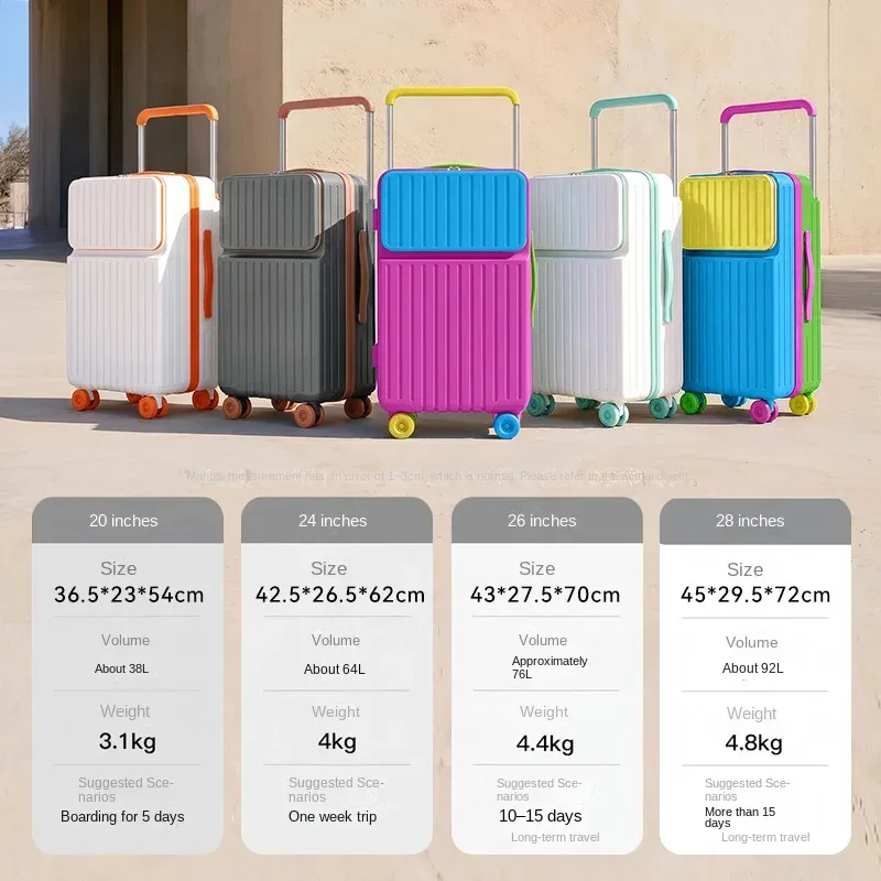 valise à ouverture frontale, couleurs macaron, en pc pur, 20 pouces, valise de cabine, 22/24/26/28 pouces, robuste et durable, sacs pour femmes