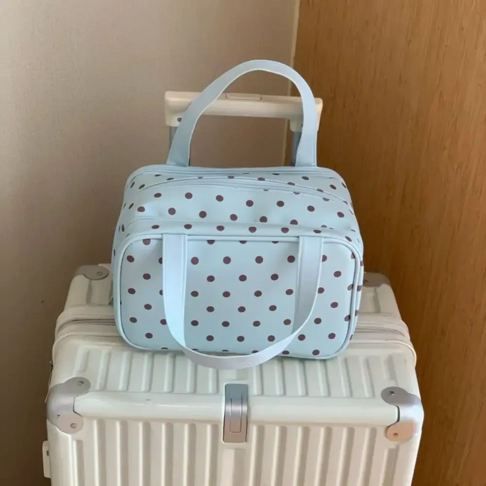 sac de maquillage portable à pois, multifonctionnel, à trois compartiments, en pu, grande capacité, imperméable, sac de rangement de voyage
