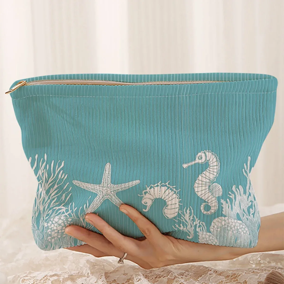 trousse de maquillage en velours côtelé à motif océan, boîte de rangement légère à fermeture éclair, sac multifonctionnel avec doublure, utilisé pour ranger les cosmétiques