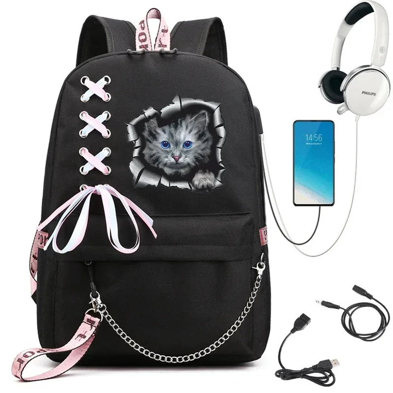 sac à dos imprimé chat kawaii pour femme, sac à dos scolaire noir, sac à dos pour adolescente, sac à dos mochila usb, mode
