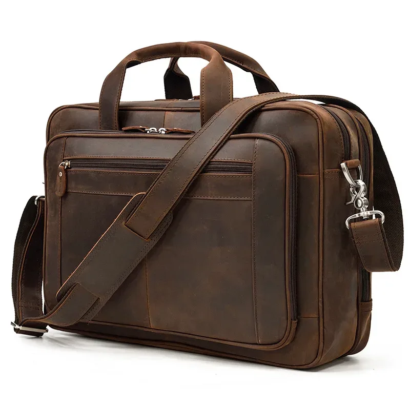 17.3 pouces mallette pour ordinateur portable en cuir véritable pochette d'ordinateur voyage d'affaires fourre-tout sacs à main pour hommes mâle grand bref étui sac rétro