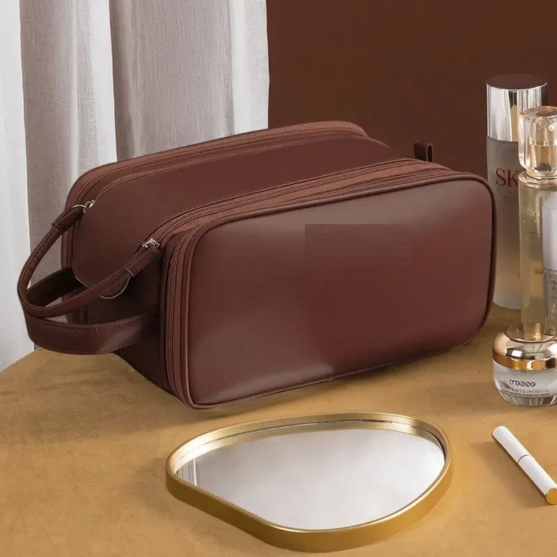 sac de maquillage multifonctionnel pour femmes en cuir pu, grande capacité, portable, double fermeture éclair, sac de rangement pour pinceaux de maquillage et articles de toilette