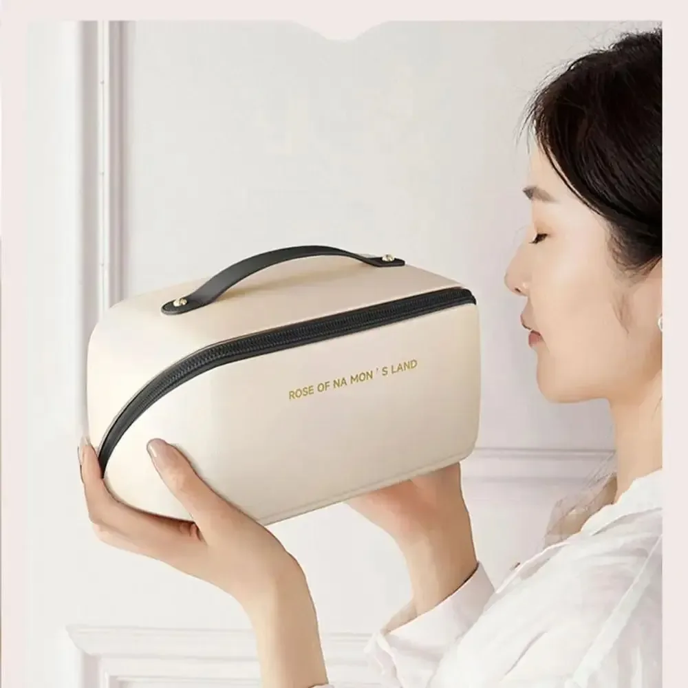 sac de maquillage portable tendance, sac cosmétique en pu, sac de toilette multi-compartiments grande capacité