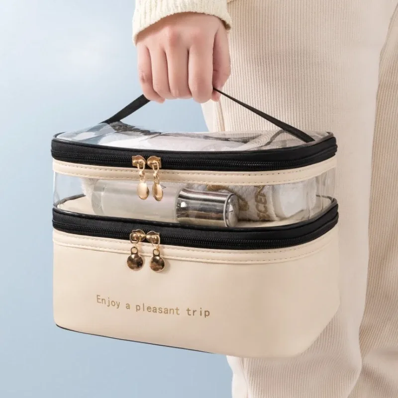 sac à cosmétiques double transparent en pu, sac de lavage portable, sacs de maquillage de grande capacité, trousse de toilette de voyage étanche, sacs de rangement