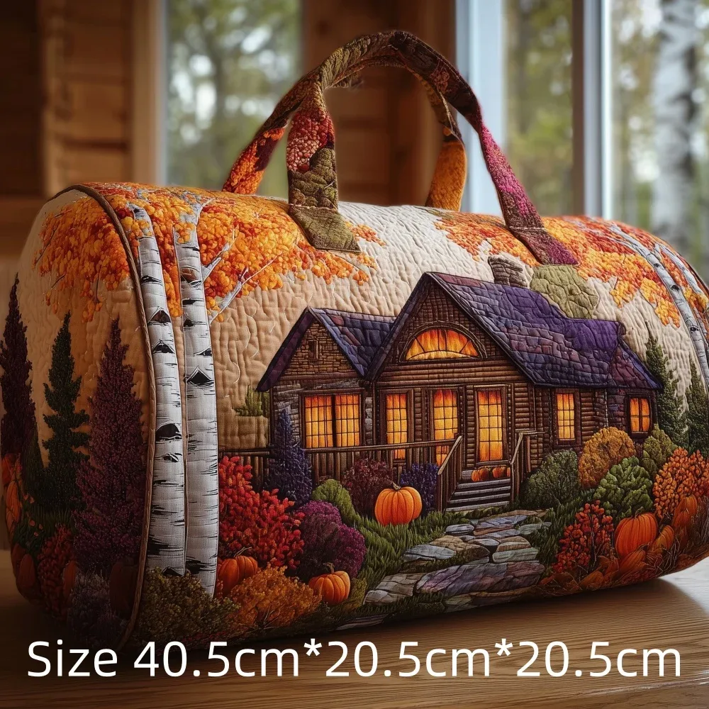 sac de voyage matelassé imprimé en 3d, fourre-tout de week-end, sac de sport, sac à main, motif cabane en montagne et forêt d'automne, paysage naturel vintage, pour femmes et hommes