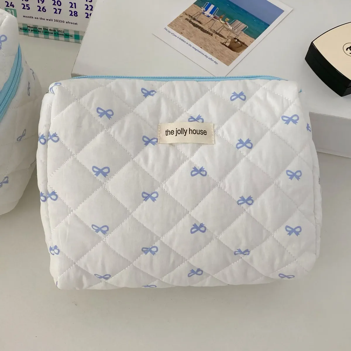 mode cerise fourre-tout femmes sac de maquillage portable mignon dames cosmétique toilette pochette de rangement sac à main coton matelassé sac à fermeture éclair