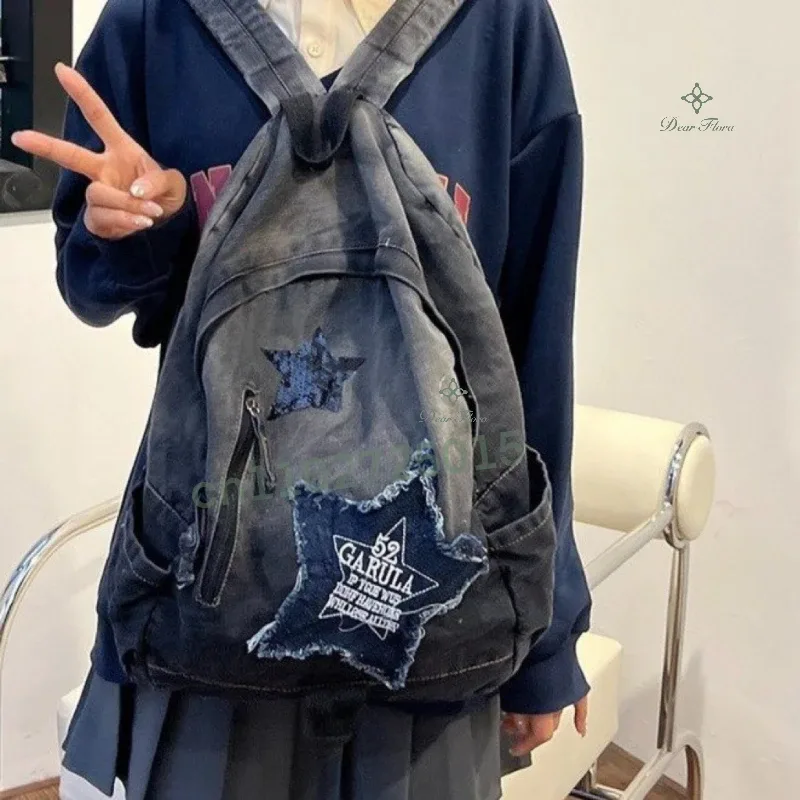 sac à dos en denim décontracté coréen pour adolescents, cartable étudiant, motif étoile, grande capacité, vintage, punk, sac de livre de voyage, mode, y2k