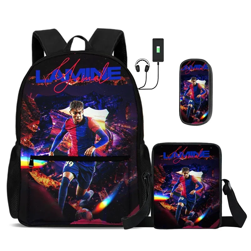 ensemble de 3 sacs à dos scolaires pour enfants avec sac à bandoulière et trousse à crayons, sac à dos l-lamin yamal avec interface usb