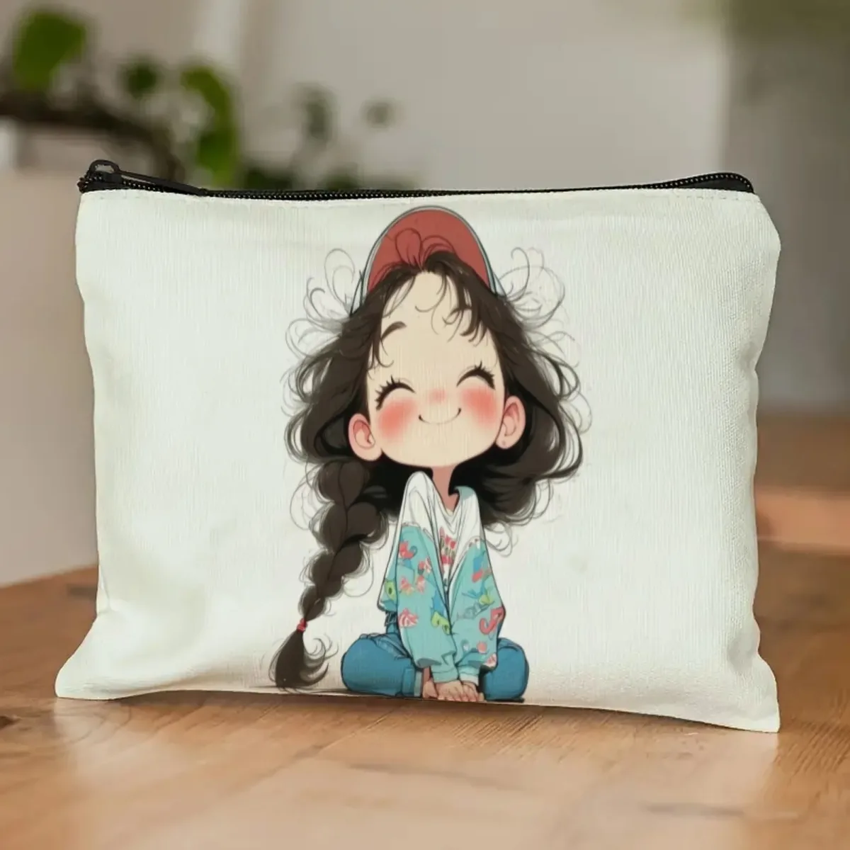 fille avec cheveux bouclés dans un chapeau trousse de maquillage trousse à cosmétiques portable légère avec fermeture à glissière idéale pour les femmes cadeaux de noël