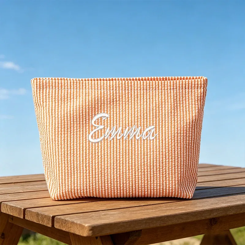 sac de maquillage rayé en gaze bulle, personnalisable avec broderie ou style standard (2 options), pochette de rangement, saison rentrée scolaire