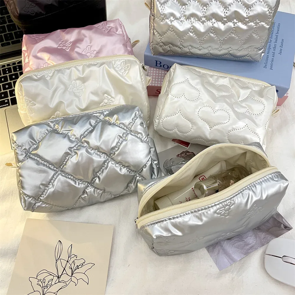 argent coréen matelassé pu amour arc sac cosmétique produits de soins de la peau pochette intérieure multi-fonction maquillage rouge à lèvres sac de rangement h