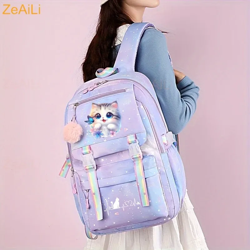 sac à dos scolaire pour enfants, adolescents, filles et garçons, motif chat mignon, fleur, papillon, sac à dos pour femmes, sac à livres