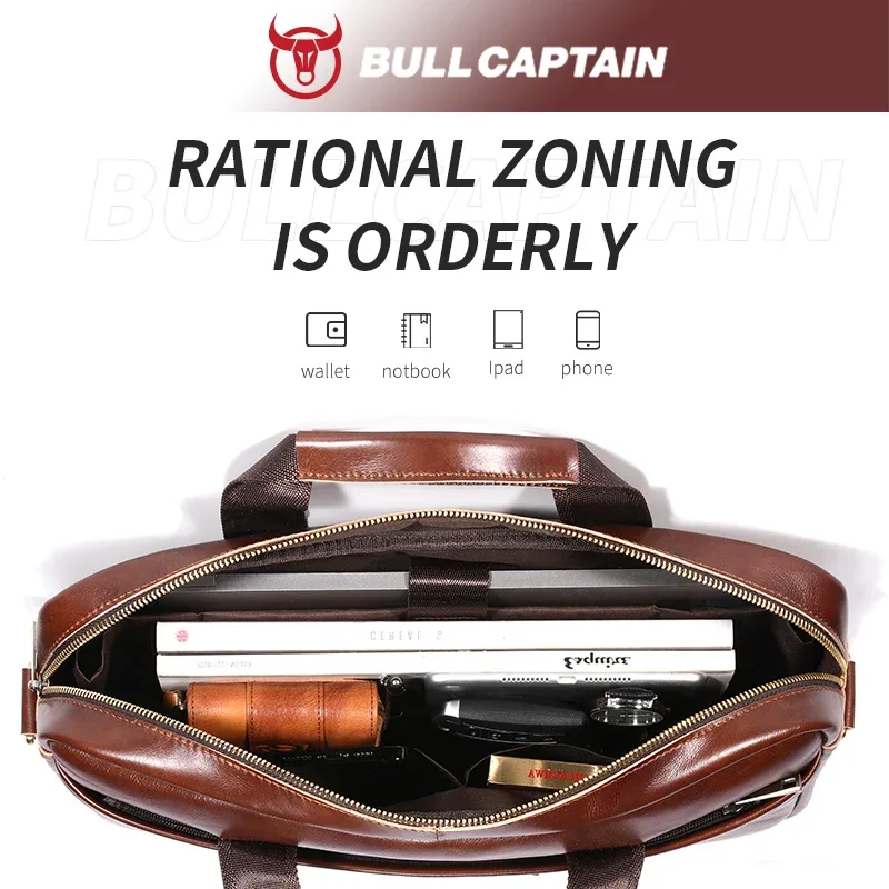 sac à main pour homme bullcaptain, sacoche d'affaires en cuir de haute qualité, sac à bandoulière, sac de bureau, sac pour ordinateur portable 14 pouces