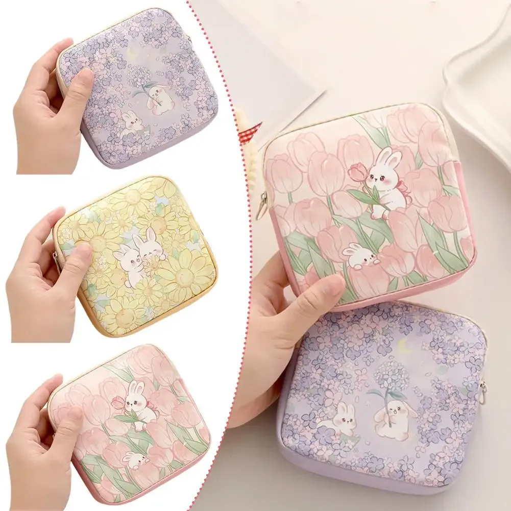 Sac de rangement floral mignon en forme de lapin, mini organisateur de serviettes hygiéniques, pochette cosmétique portable pour femmes, sac à monnaie pour câbles de données