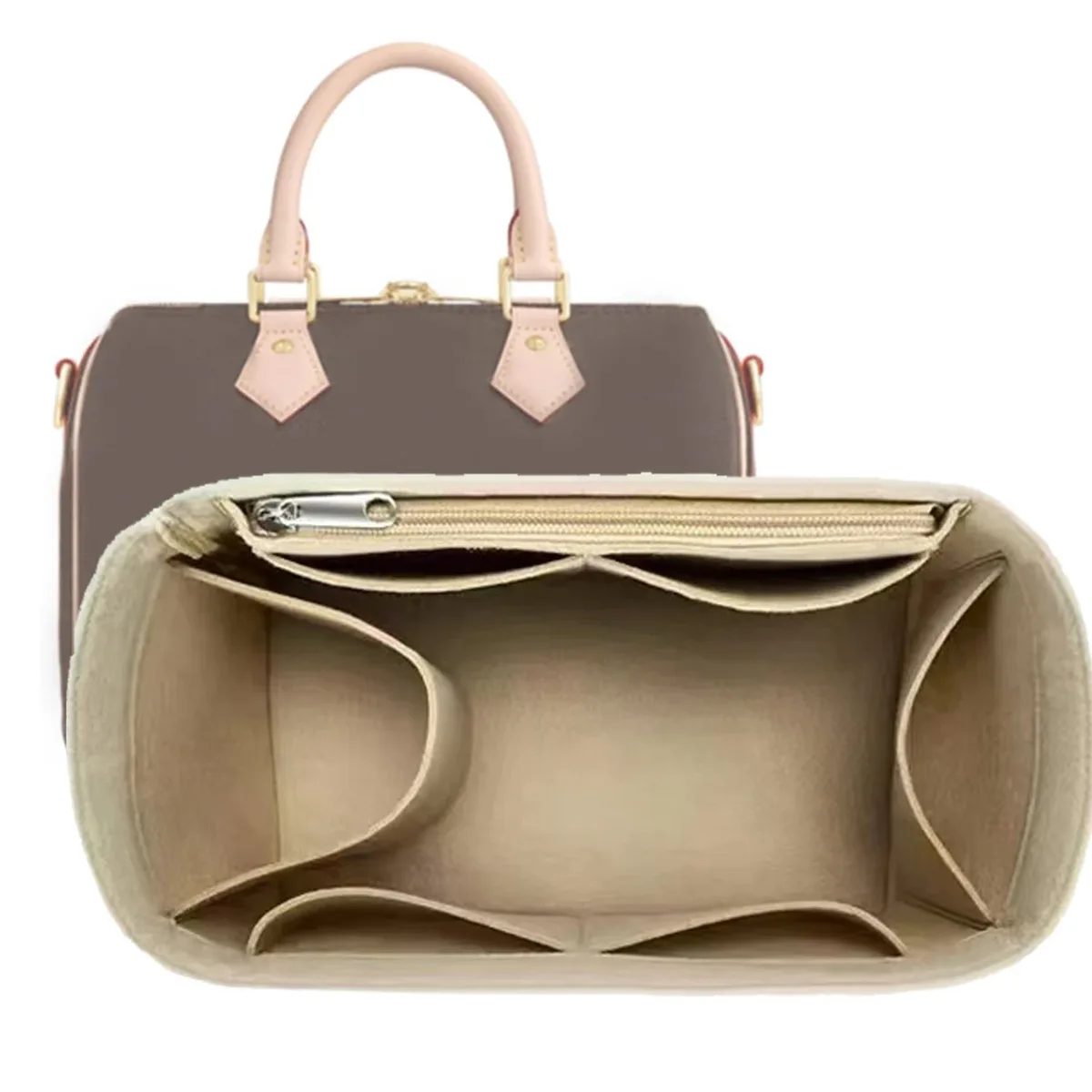 organisateur en feutre premium pour sac boston doctor bag 25 30 35, pochette intérieure structurante, base de sac à main avec fermeture éclair et multiples poches