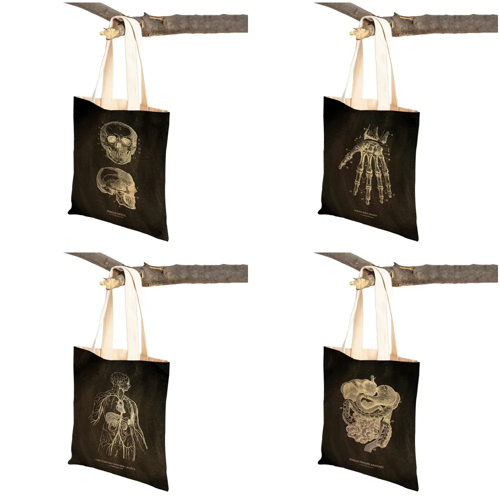vintage squelette anatomique tableau crâne shopper sac fourre-tout dame sac à main décontracté toile coeur double impression femmes sacs à provisions