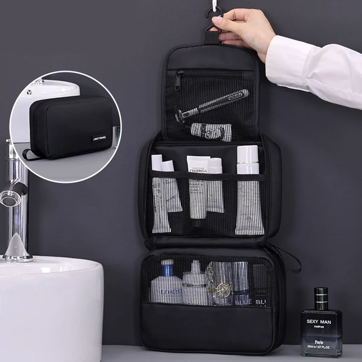 trousse de toilette pliable pour hommes, voyage d'affaires, plusieurs poches, étuis de maquillage cosmétiques, organisateur de rangement suspendu, sac de lavage