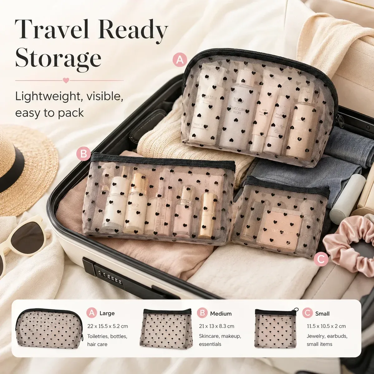 Sac à maquillage en maille, trousse de toilette de grande capacité avec motif cœur, organisateur de cosmétiques portable