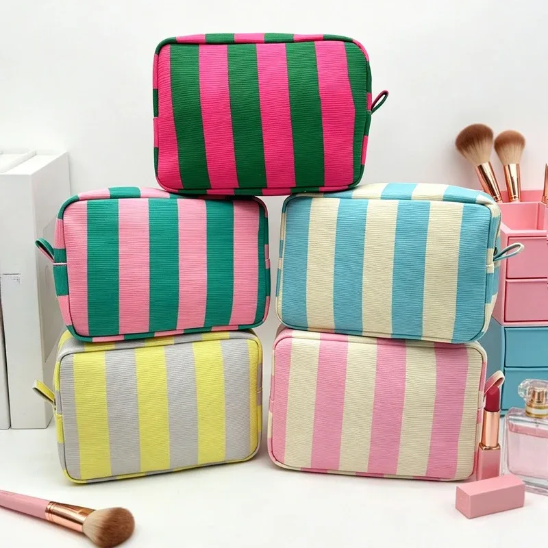 sac de maquillage rayé en forme de boîte pour femmes, sac à cosmétiques portable avec fermeture éclair, organisateur de voyage, pochette de rangement pour articles de toilette féminins