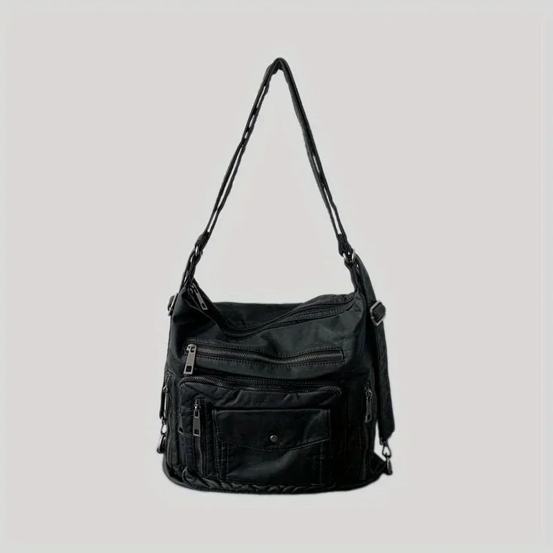 sac à dos rétro multi-poches pour femme, sac à bandoulière délavé, initié à la moto, grande capacité, mode