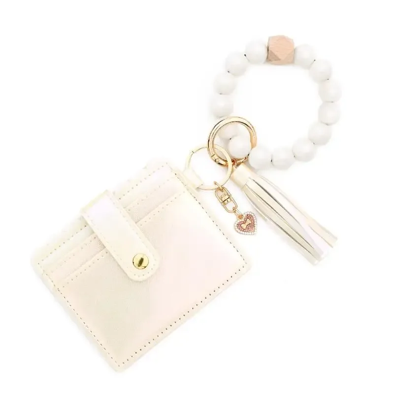 porte-cartes adorable pour filles, portefeuille dégradé de couleurs, breloque cœur, bracelet perles en silicone, étui en cuir pour cartes d'identité - organisateur tendance