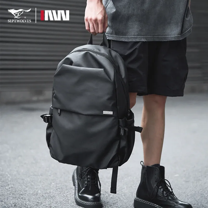 septwolves noir grande capacité 16 pouces sac à dos pour ordinateur portable homme femmes loisirs affaires imperméable pvc cuir sac d'école sac à dos