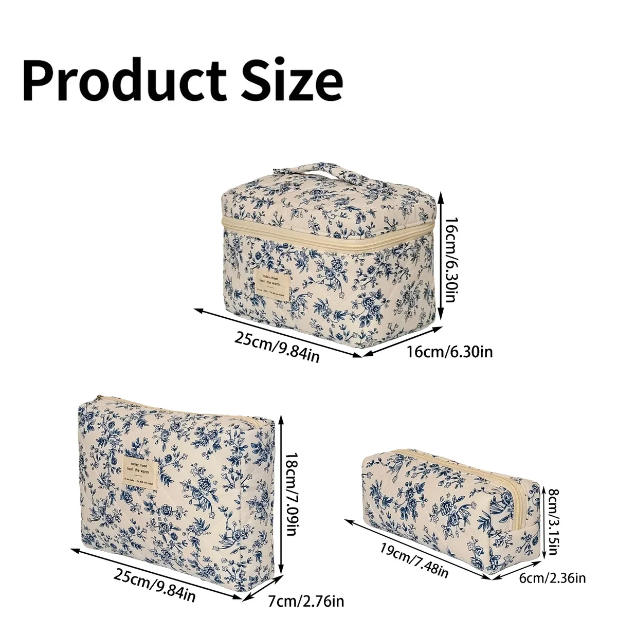 pochette de maquillage à imprimé floral bleu, en coton matelassé, grande capacité, organiseur de cosmétiques portable pour les voyages, pochette de rangement pour articles de toilette pour femmes