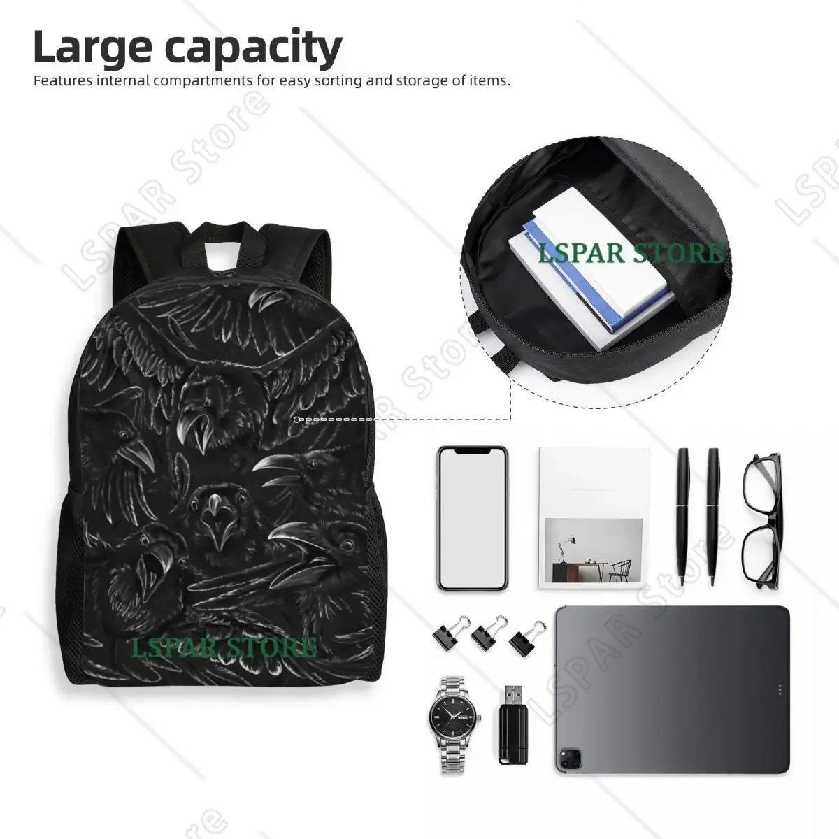 sacs à dos personnalisés raven rage pour étudiants, sacs à livres pour collège et université, adaptés aux ordinateurs portables de 15 pouces, sacs gothiques effrayants avec motif de corbeau pour halloween