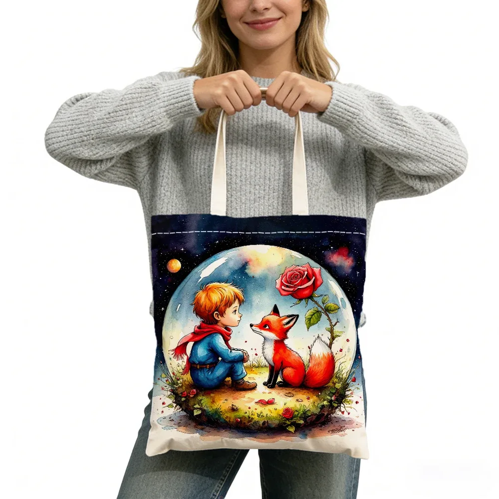 sac fourre-tout imprimé double face sans fermeture éclair, star boy cute fox cosmic rose, 40x45 cm, sac à bandoulière pour usage quotidien, shopping, apprentissage, extérieur