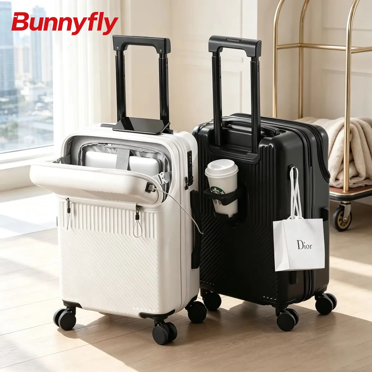 Valise d'affaires élégante Bunnyfly, bagage compact léger de 20 pouces avec porte-gobelet pour les voyages