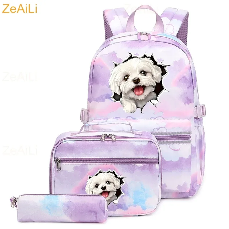 lot de 3 sacs à dos mignons pour étudiants et adolescents, motif patte de chien et chat, couleur violette, avec sac à déjeuner, sac de voyage coloré, sacs d'école pour garçons et filles, ensembles de mochilas
