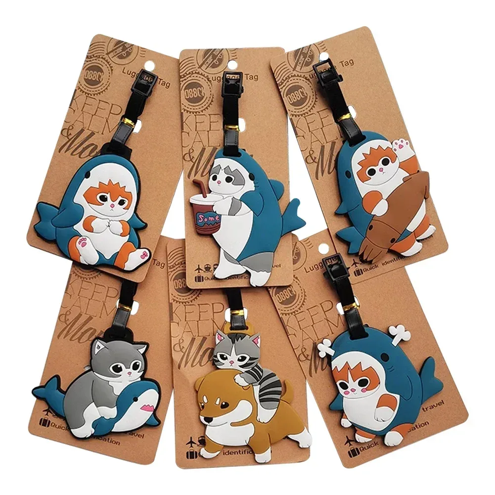 étiquette de bagage design chat requin kawaii, accessoires de voyage pour femmes, étiquette de bagage en pvc de dessin animé pour hommes, portable, anti-perte, adresse, nom