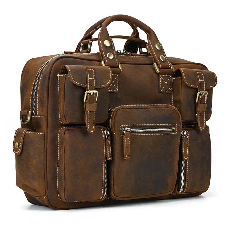 serviette vintage en cuir de cheval fou pour hommes, grand ordinateur portable, sac d'affaires en cuir véritable, fourre-tout de travail, sac de voyage, sacoche en cuir de vache