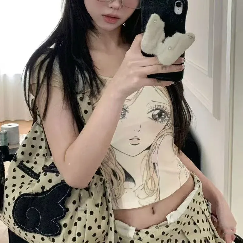 sac à bandoulière coréen à pois pour femmes, design ailes mignonnes, sac fourre-tout grande capacité, sac à dos tendance y2k pour les trajets quotidiens