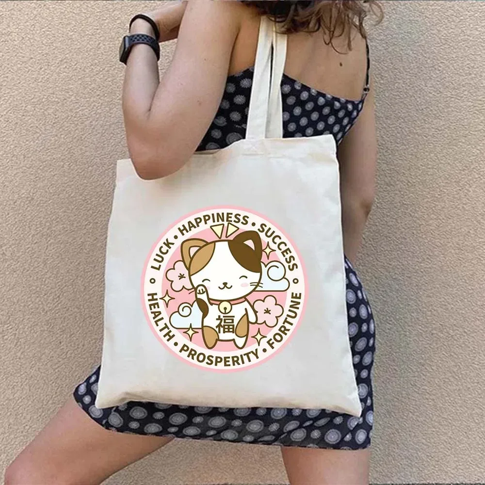 sac fourre-tout en toile à bandoulière pour le shopping, motif maneki neko, chat porte-bonheur japonais mignon, style mont fuji, style japonais, geisha de kyoto, tokyo japon