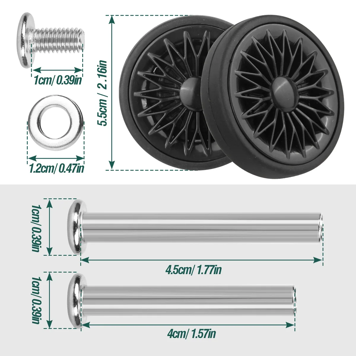 8 roues de rechange noires pour valise de voyage, avec vis, 55 mm, pièces de réparation pour roulettes de valise